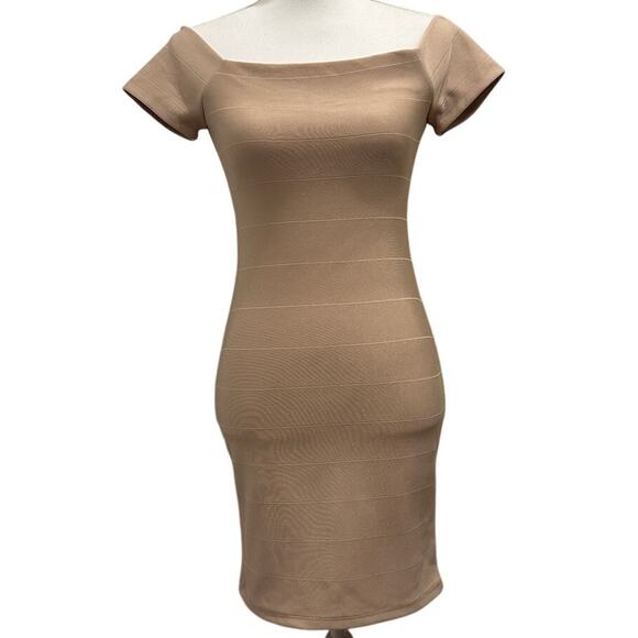 Forever 21 NWT Beige Off-Shoulder Knit Bodycon Bandage Mini Dress Going Out Club - Picture 2 of 9